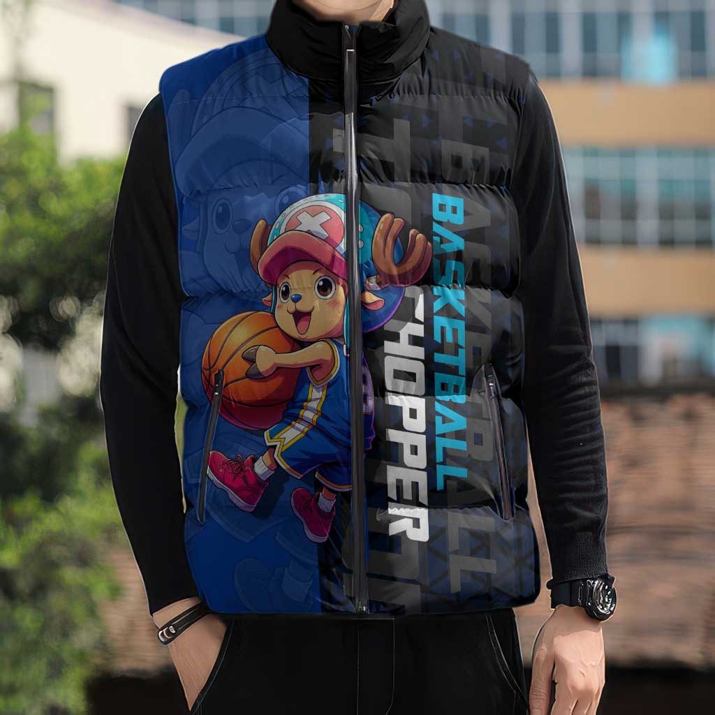 Tony Tony Chopper One Piece Basketball Theme Blue and Black Design Sleeveless Puffer Jacket with Straw Hat Crew Emblem and Playful Pose - The Mazicc