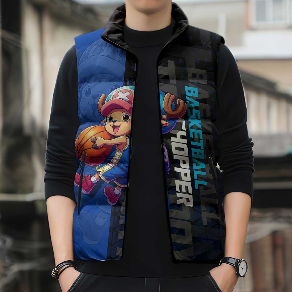 Tony Tony Chopper One Piece Basketball Theme Blue and Black Design Sleeveless Puffer Jacket with Straw Hat Crew Emblem and Playful Pose - The Mazicc