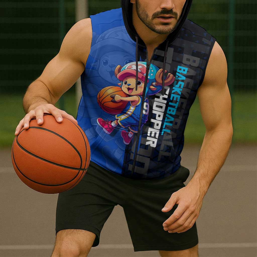 Tony Tony Chopper One Piece Basketball Theme Blue and Black Design Sleeveless Zip Hoodie with Straw Hat Crew Emblem and Playful Pose - The Mazicc