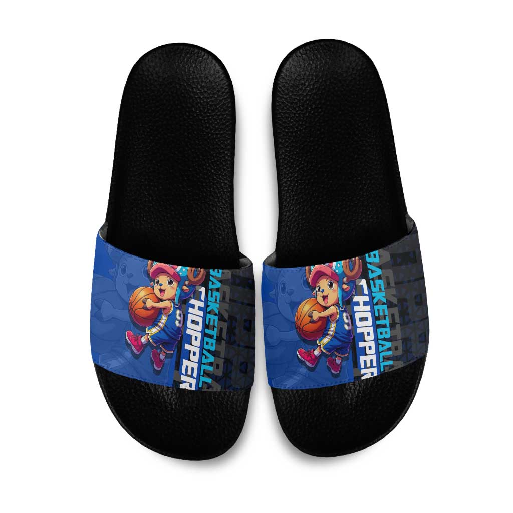 Tony Tony Chopper One Piece Basketball Theme Blue and Black Design Slide Sandals with Straw Hat Crew Emblem and Playful Pose - The Mazicc