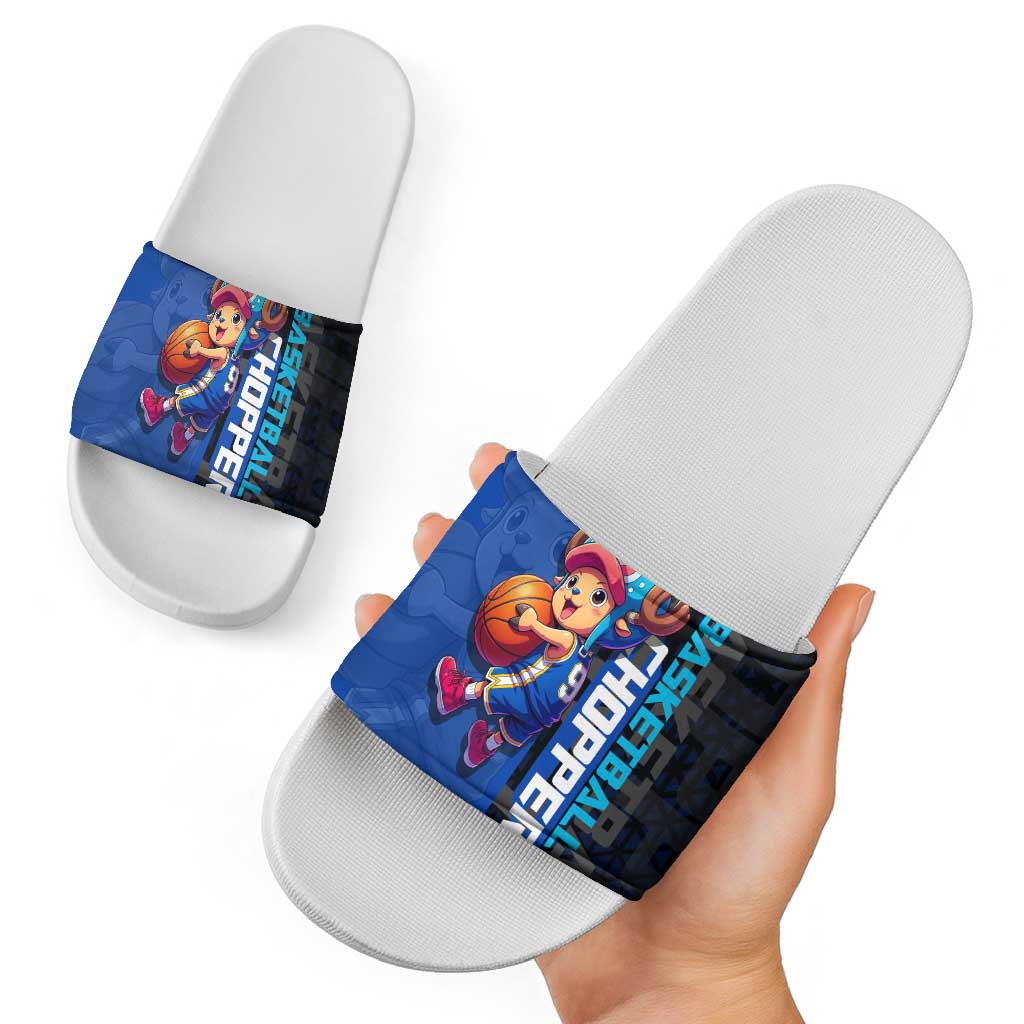 Tony Tony Chopper One Piece Basketball Theme Blue and Black Design Slide Sandals with Straw Hat Crew Emblem and Playful Pose - The Mazicc