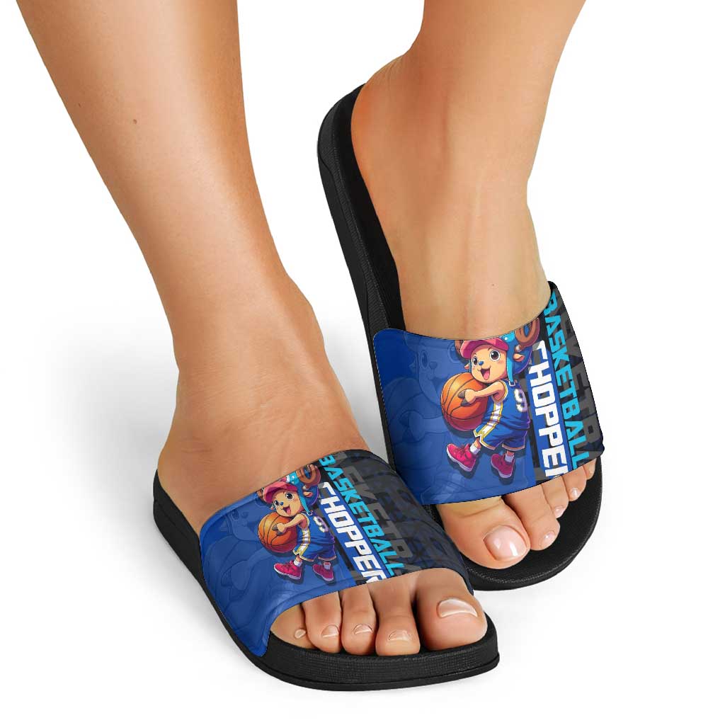 Tony Tony Chopper One Piece Basketball Theme Blue and Black Design Slide Sandals with Straw Hat Crew Emblem and Playful Pose - The Mazicc