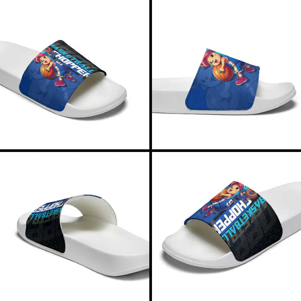 Tony Tony Chopper One Piece Basketball Theme Blue and Black Design Slide Sandals with Straw Hat Crew Emblem and Playful Pose - The Mazicc