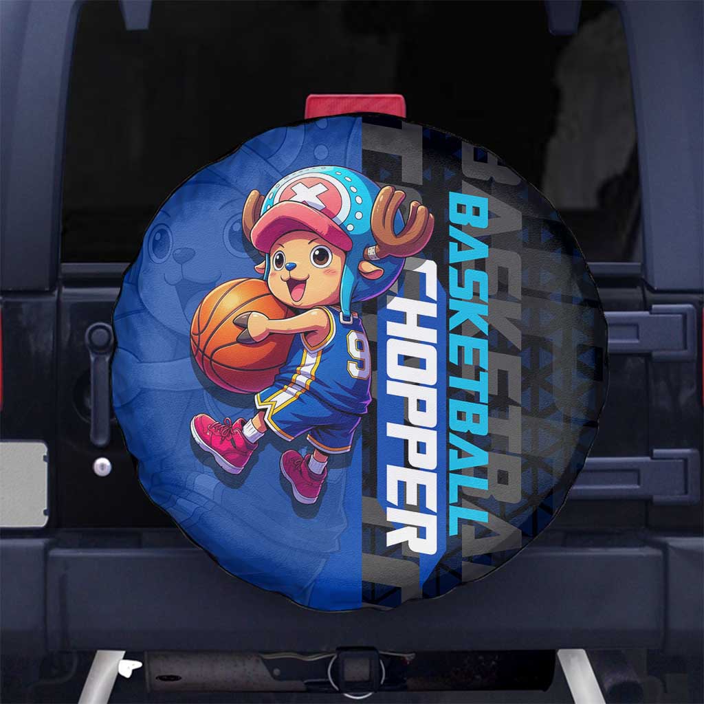 Tony Tony Chopper One Piece Basketball Theme Blue and Black Design Spare Tire Cover with Straw Hat Crew Emblem and Playful Pose - The Mazicc