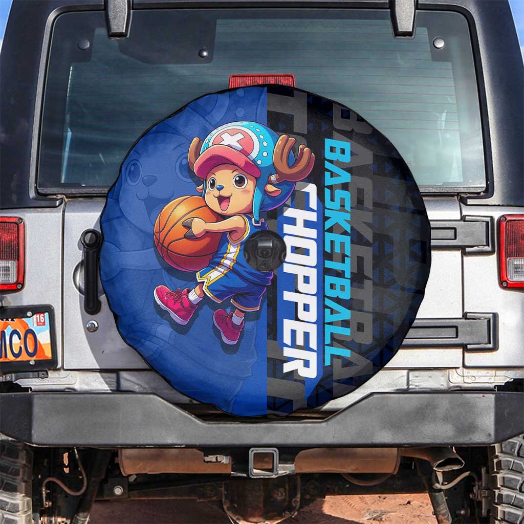 Tony Tony Chopper One Piece Basketball Theme Blue and Black Design Spare Tire Cover with Straw Hat Crew Emblem and Playful Pose - The Mazicc