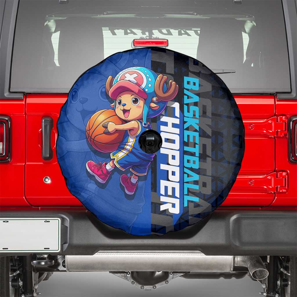 Tony Tony Chopper One Piece Basketball Theme Blue and Black Design Spare Tire Cover with Straw Hat Crew Emblem and Playful Pose - The Mazicc