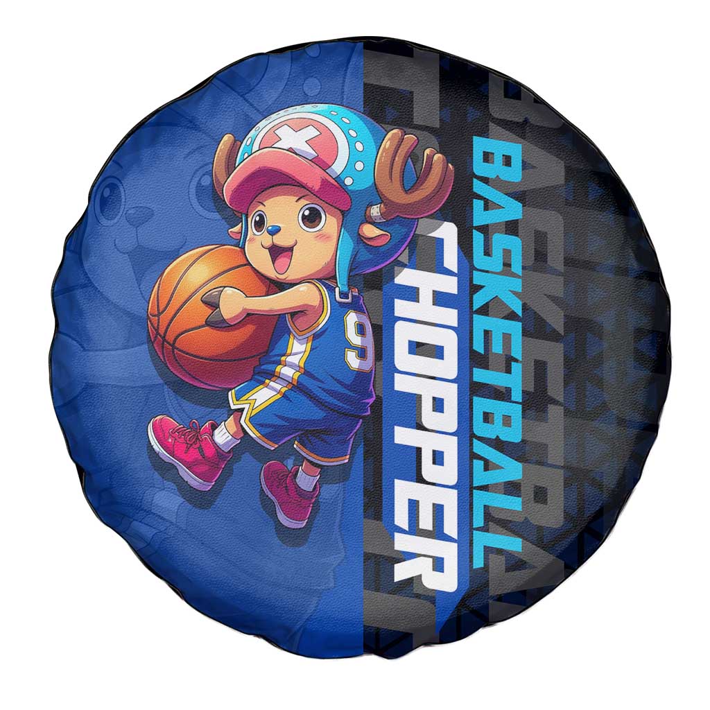 Tony Tony Chopper One Piece Basketball Theme Blue and Black Design Spare Tire Cover with Straw Hat Crew Emblem and Playful Pose - The Mazicc