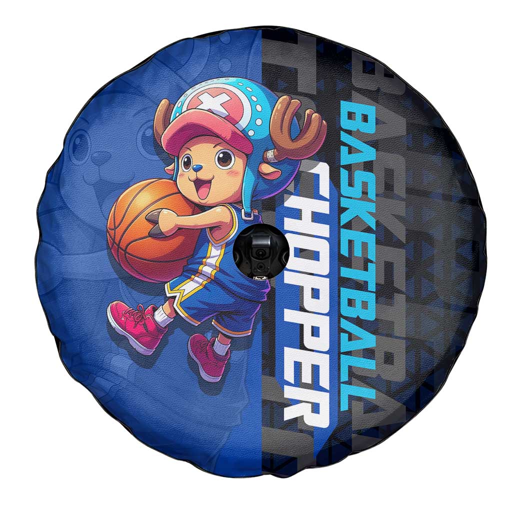 Tony Tony Chopper One Piece Basketball Theme Blue and Black Design Spare Tire Cover with Straw Hat Crew Emblem and Playful Pose - The Mazicc