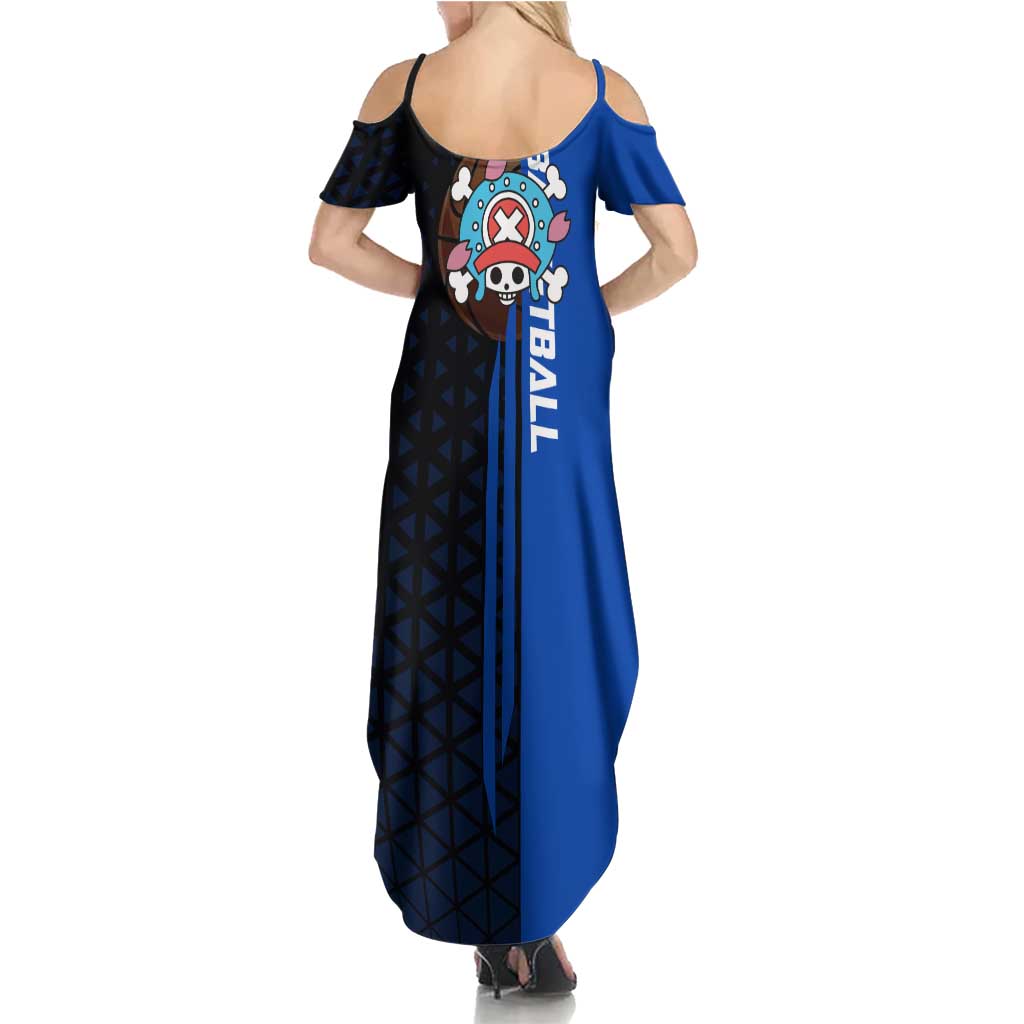 Tony Tony Chopper One Piece Basketball Theme Blue and Black Design Summer Maxi Dress with Straw Hat Crew Emblem and Playful Pose - The Mazicc