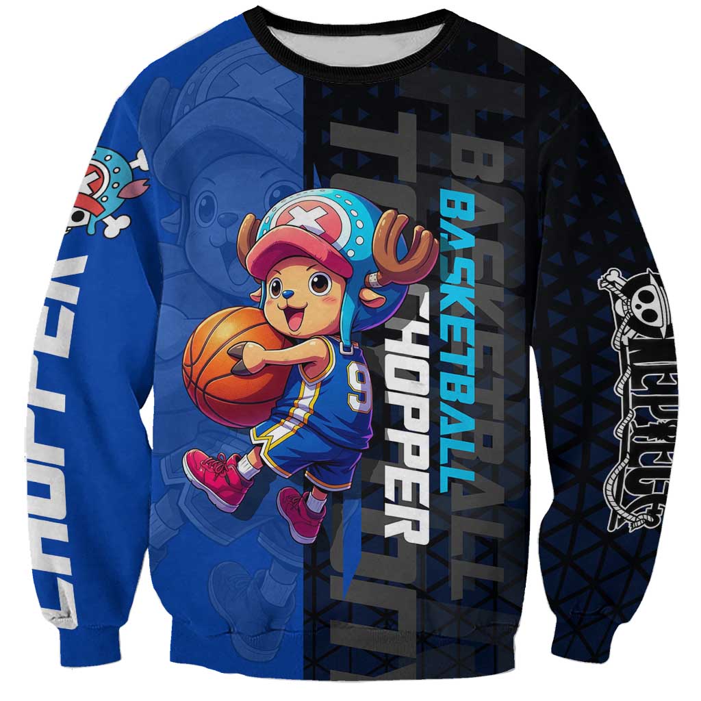 Tony Tony Chopper One Piece Basketball Theme Blue and Black Design Sweatshirt with Straw Hat Crew Emblem and Playful Pose - The Mazicc