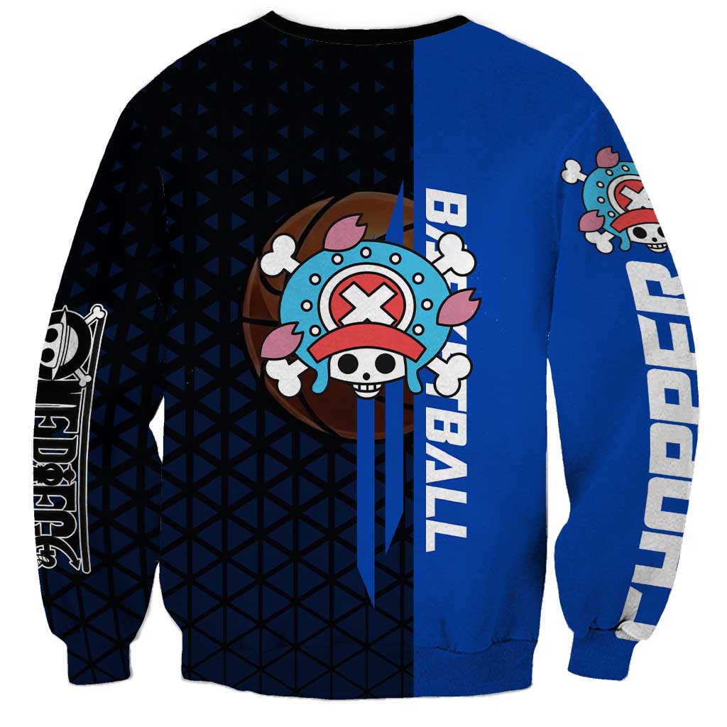 Tony Tony Chopper One Piece Basketball Theme Blue and Black Design Sweatshirt with Straw Hat Crew Emblem and Playful Pose - The Mazicc