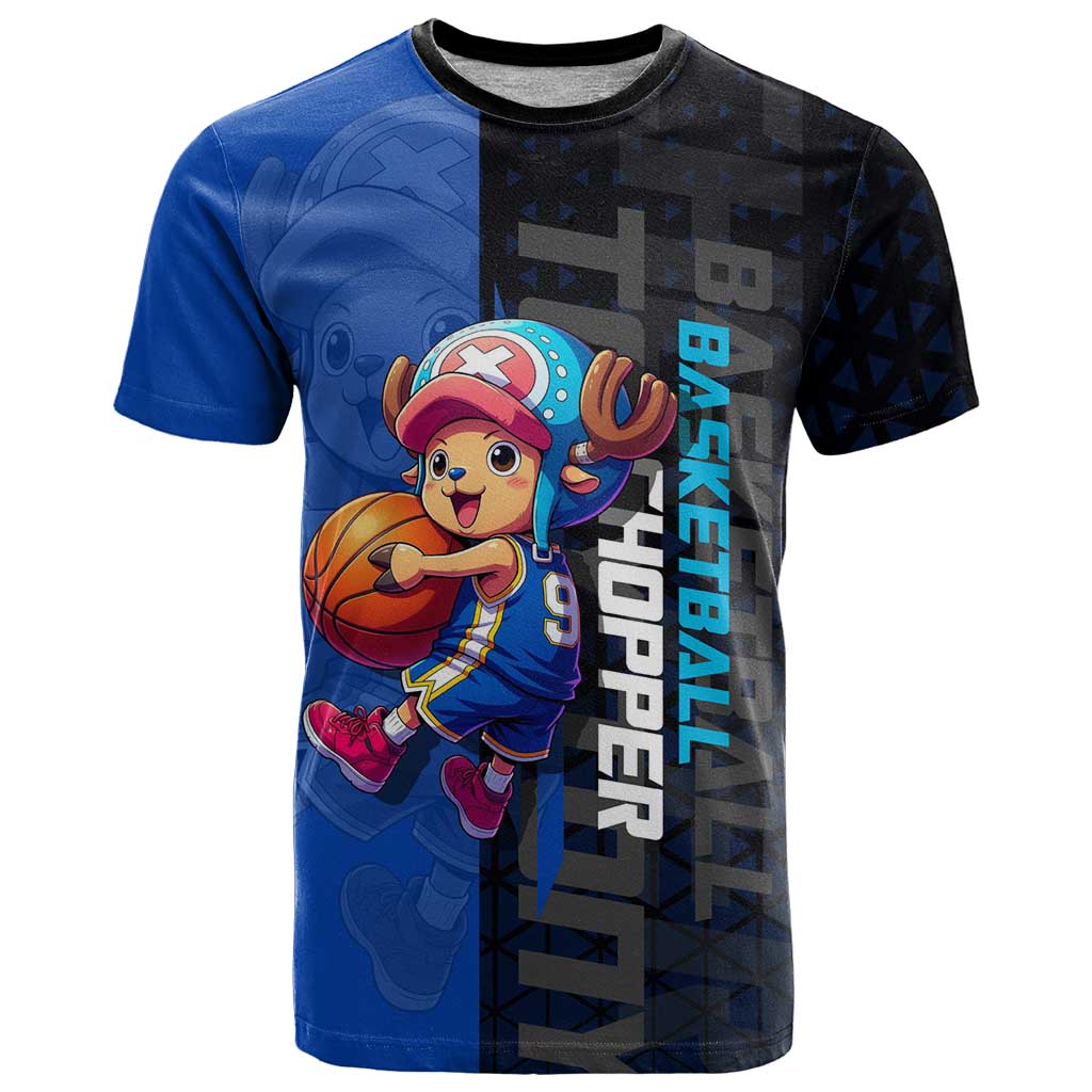 Tony Tony Chopper One Piece Basketball Theme Blue and Black Design T Shirt with Straw Hat Crew Emblem and Playful Pose - The Mazicc