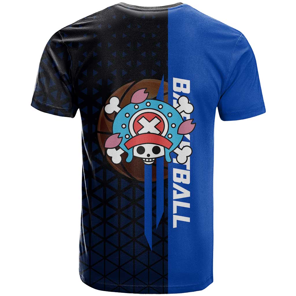 Tony Tony Chopper One Piece Basketball Theme Blue and Black Design T Shirt with Straw Hat Crew Emblem and Playful Pose - The Mazicc