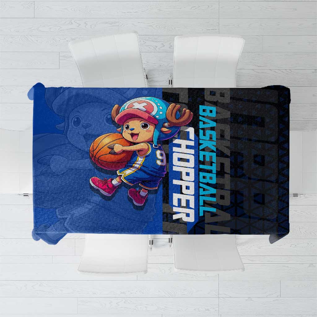 Tony Tony Chopper One Piece Basketball Theme Blue and Black Design Tablecloth with Straw Hat Crew Emblem and Playful Pose - The Mazicc