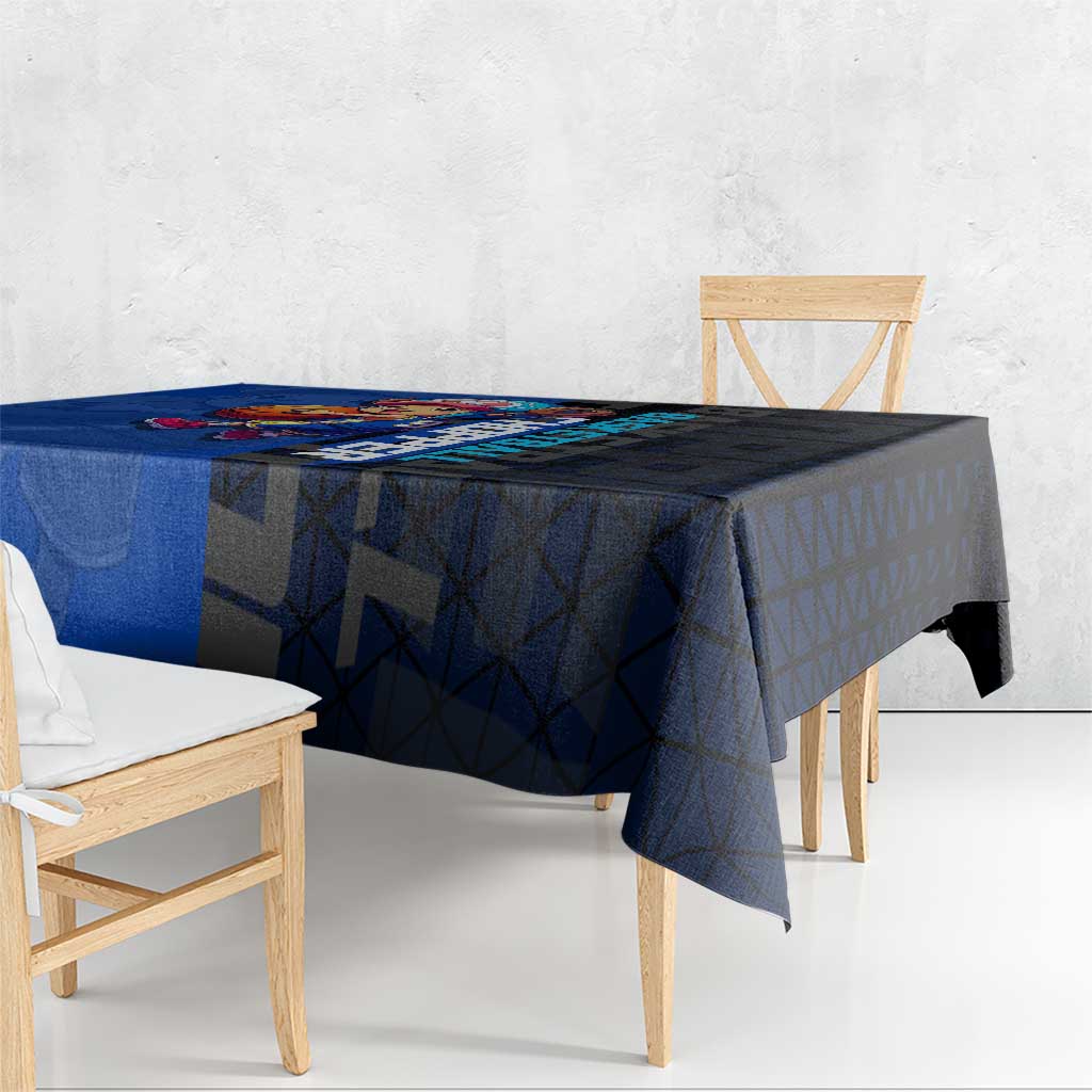 Tony Tony Chopper One Piece Basketball Theme Blue and Black Design Tablecloth with Straw Hat Crew Emblem and Playful Pose - The Mazicc