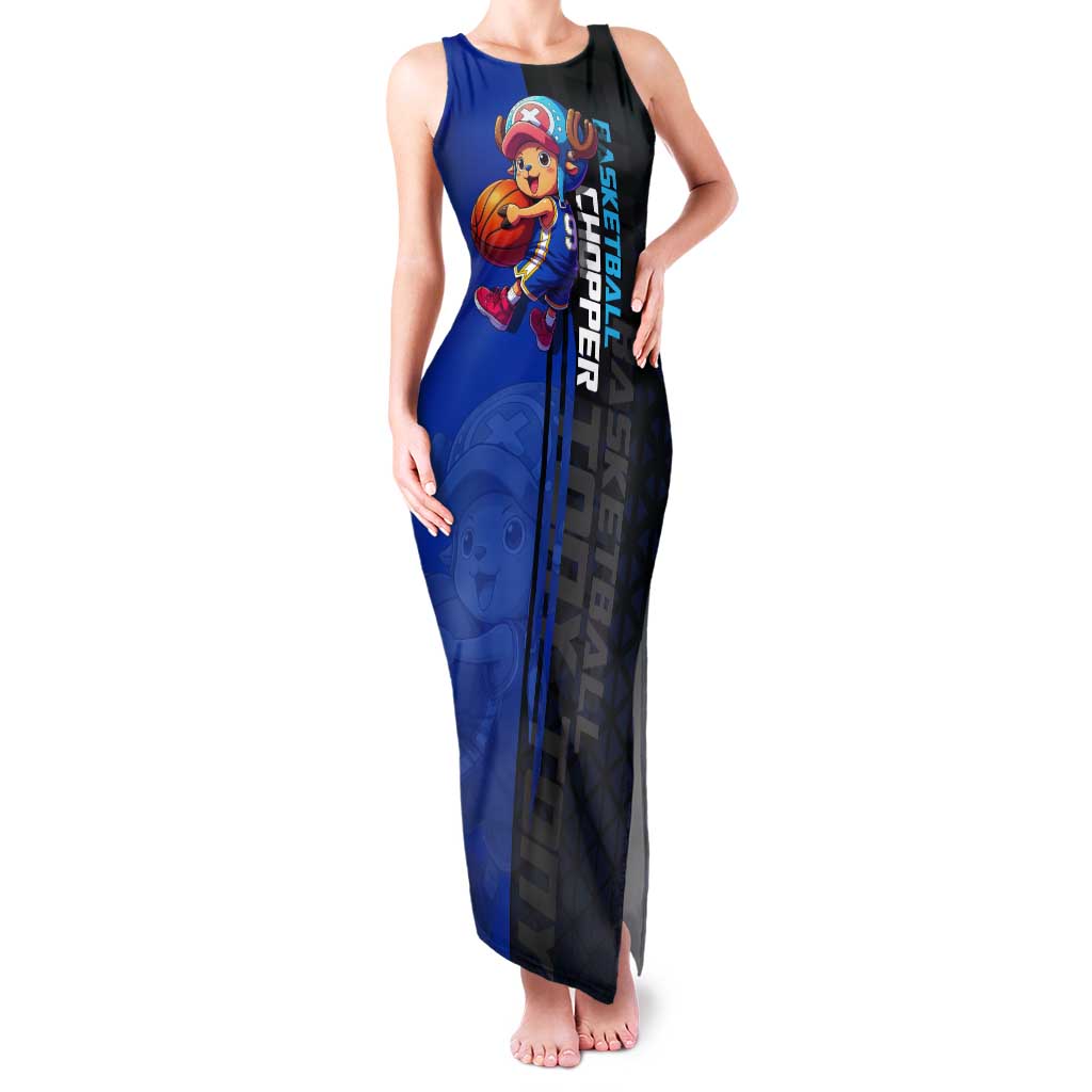 Tony Tony Chopper One Piece Basketball Theme Blue and Black Design Tank Maxi Dress with Straw Hat Crew Emblem and Playful Pose - The Mazicc