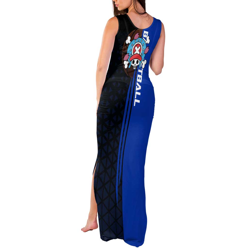 Tony Tony Chopper One Piece Basketball Theme Blue and Black Design Tank Maxi Dress with Straw Hat Crew Emblem and Playful Pose - The Mazicc