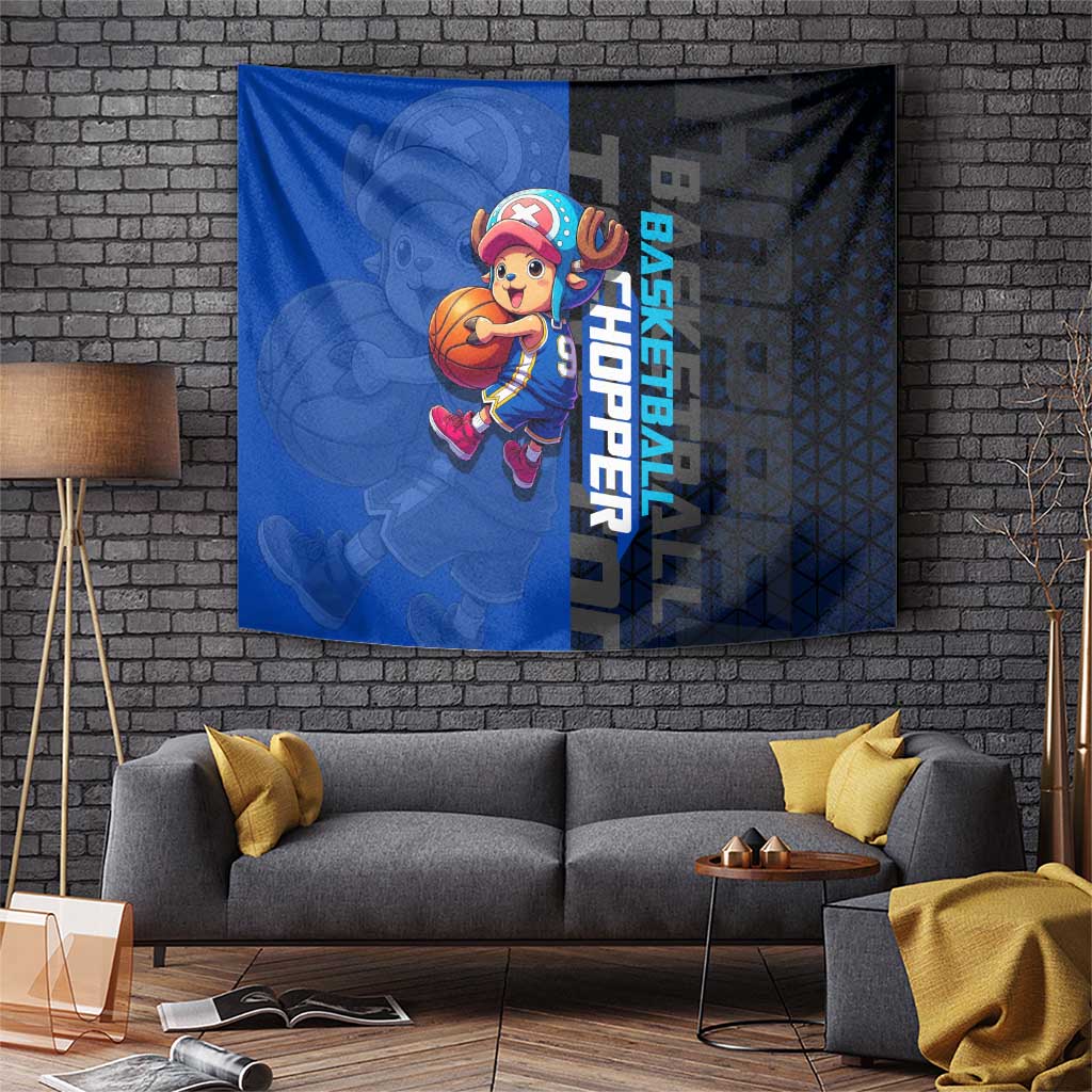 Tony Tony Chopper One Piece Basketball Theme Blue and Black Design Tapestry with Straw Hat Crew Emblem and Playful Pose - The Mazicc