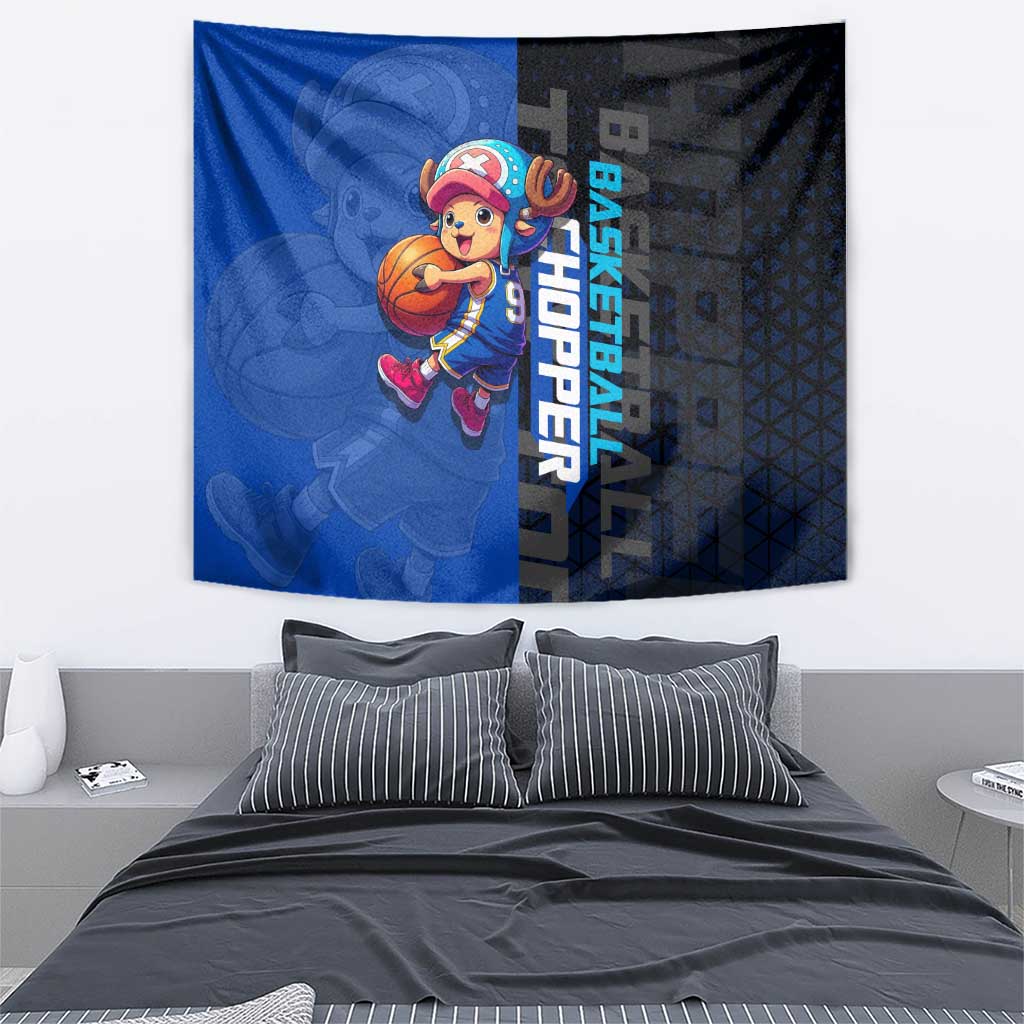 Tony Tony Chopper One Piece Basketball Theme Blue and Black Design Tapestry with Straw Hat Crew Emblem and Playful Pose - The Mazicc