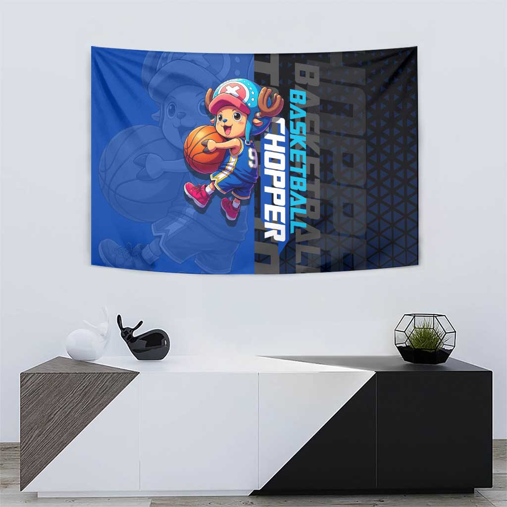 Tony Tony Chopper One Piece Basketball Theme Blue and Black Design Tapestry with Straw Hat Crew Emblem and Playful Pose - The Mazicc