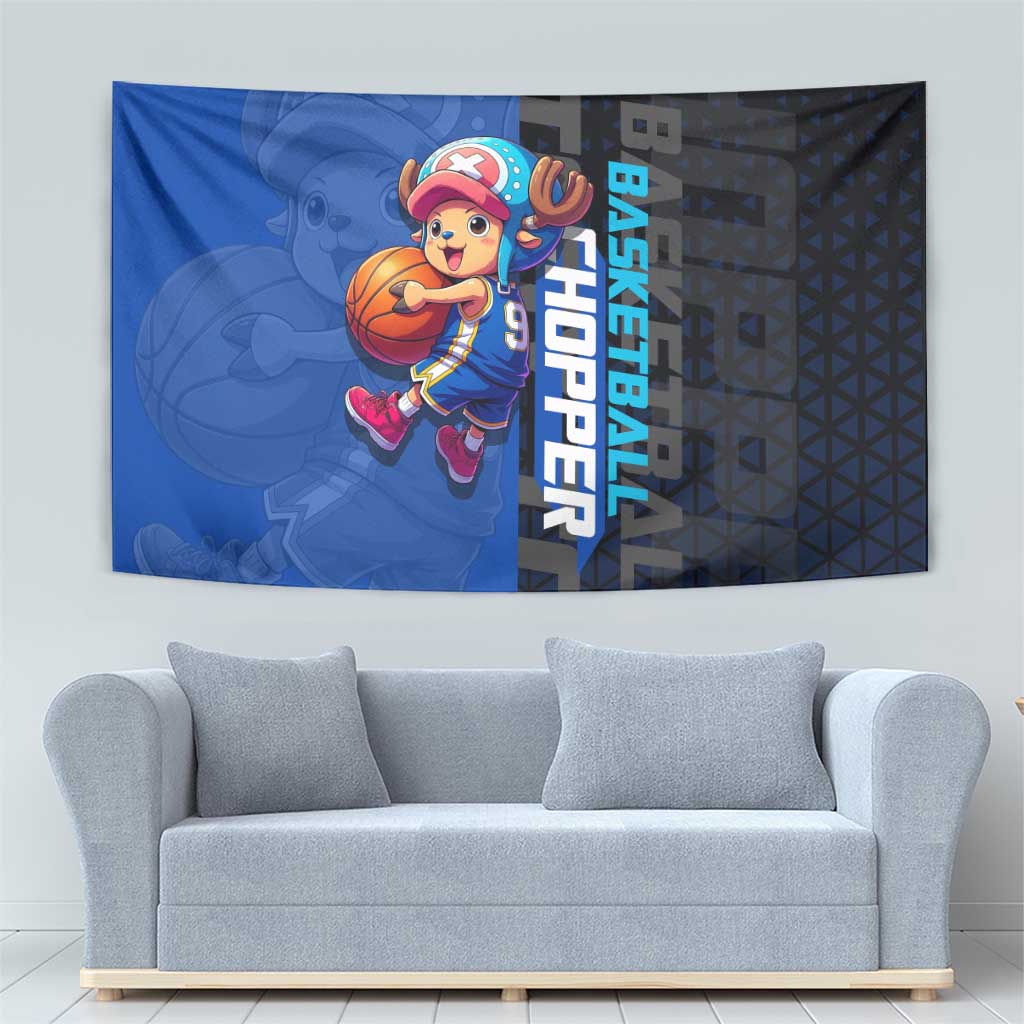 Tony Tony Chopper One Piece Basketball Theme Blue and Black Design Tapestry with Straw Hat Crew Emblem and Playful Pose - The Mazicc