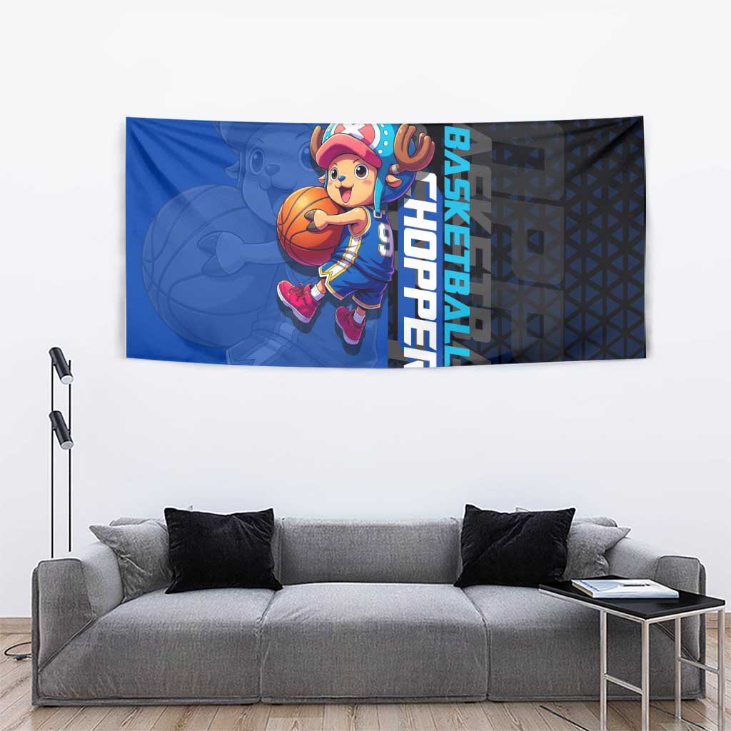 Tony Tony Chopper One Piece Basketball Theme Blue and Black Design Tapestry with Straw Hat Crew Emblem and Playful Pose - The Mazicc