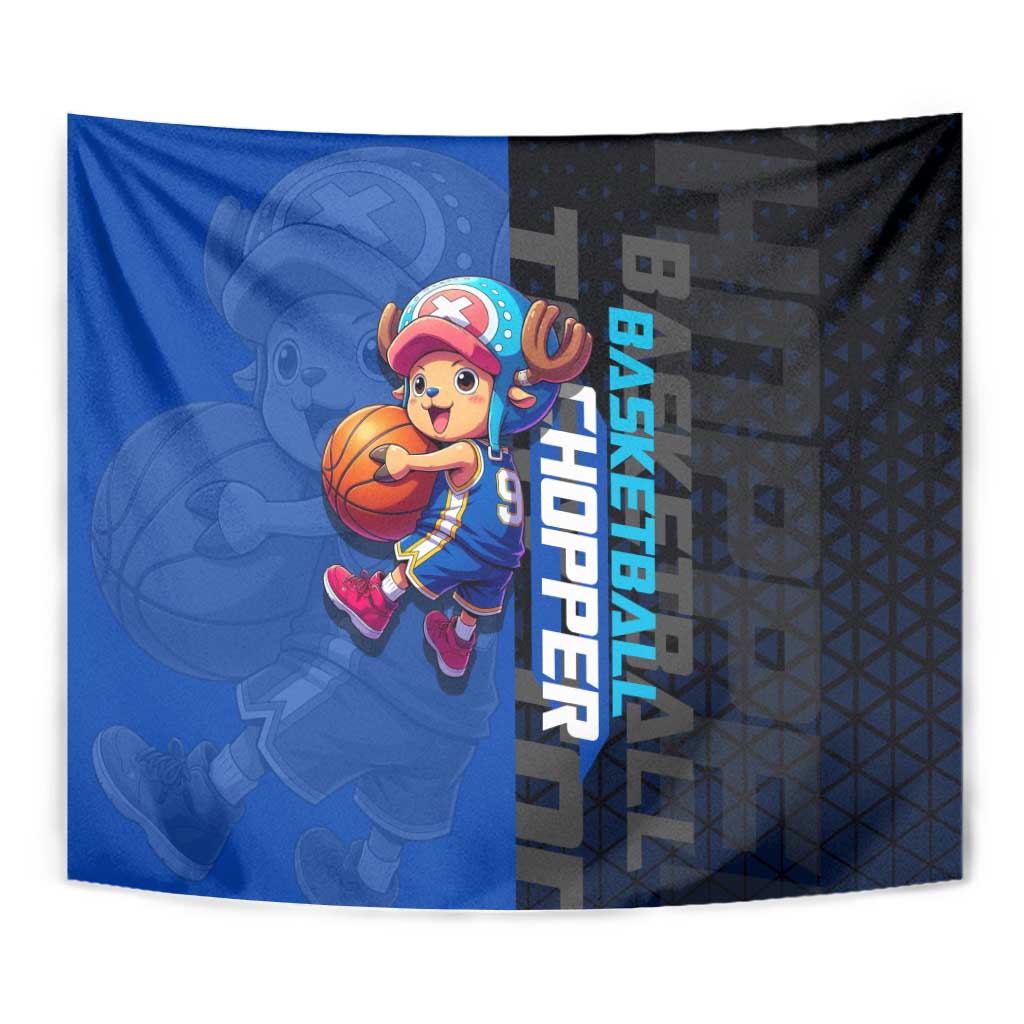 Tony Tony Chopper One Piece Basketball Theme Blue and Black Design Tapestry with Straw Hat Crew Emblem and Playful Pose - The Mazicc