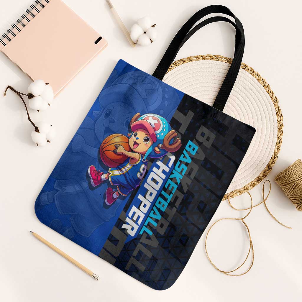 Tony Tony Chopper One Piece Basketball Theme Blue and Black Design Tote Bag with Straw Hat Crew Emblem and Playful Pose - The Mazicc