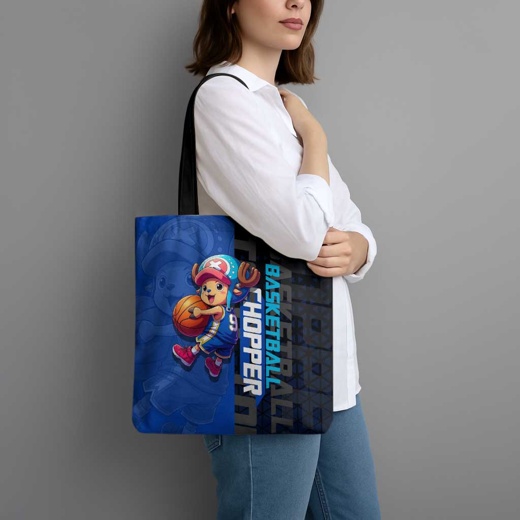Tony Tony Chopper One Piece Basketball Theme Blue and Black Design Tote Bag with Straw Hat Crew Emblem and Playful Pose - The Mazicc