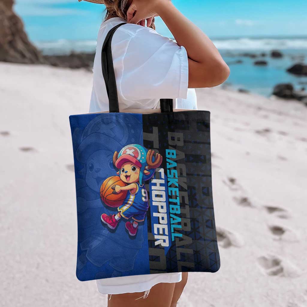 Tony Tony Chopper One Piece Basketball Theme Blue and Black Design Tote Bag with Straw Hat Crew Emblem and Playful Pose - The Mazicc