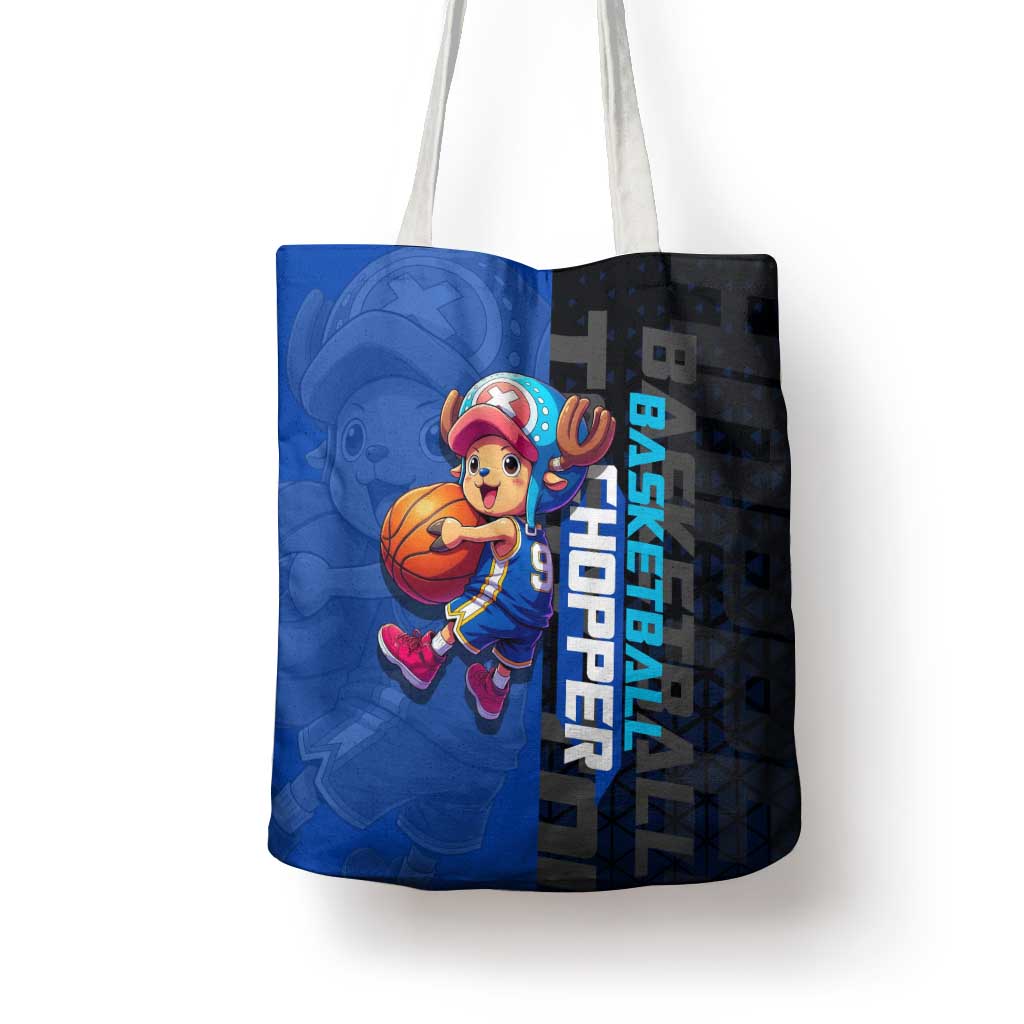 Tony Tony Chopper One Piece Basketball Theme Blue and Black Design Tote Bag with Straw Hat Crew Emblem and Playful Pose - The Mazicc