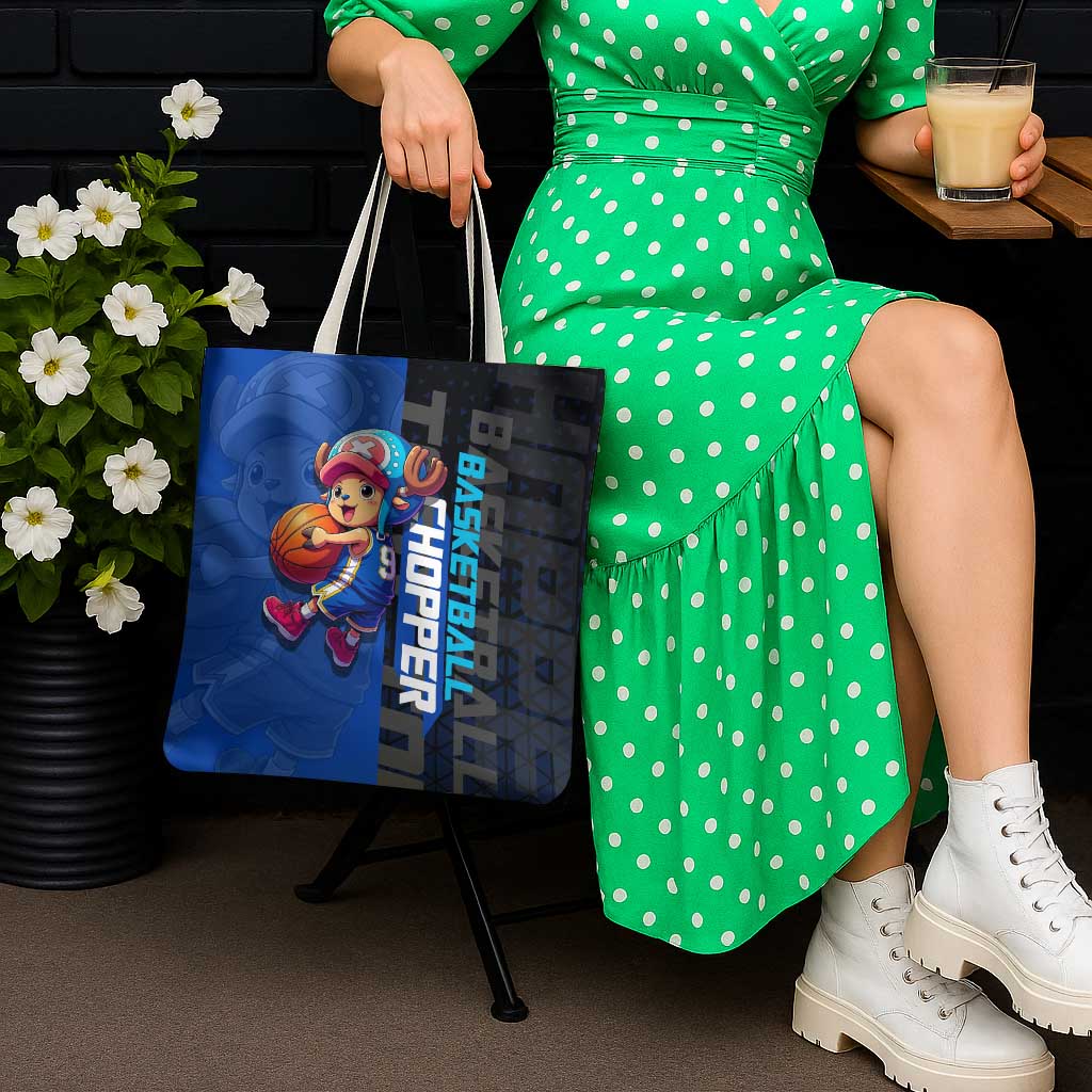 Tony Tony Chopper One Piece Basketball Theme Blue and Black Design Tote Bag with Straw Hat Crew Emblem and Playful Pose - The Mazicc