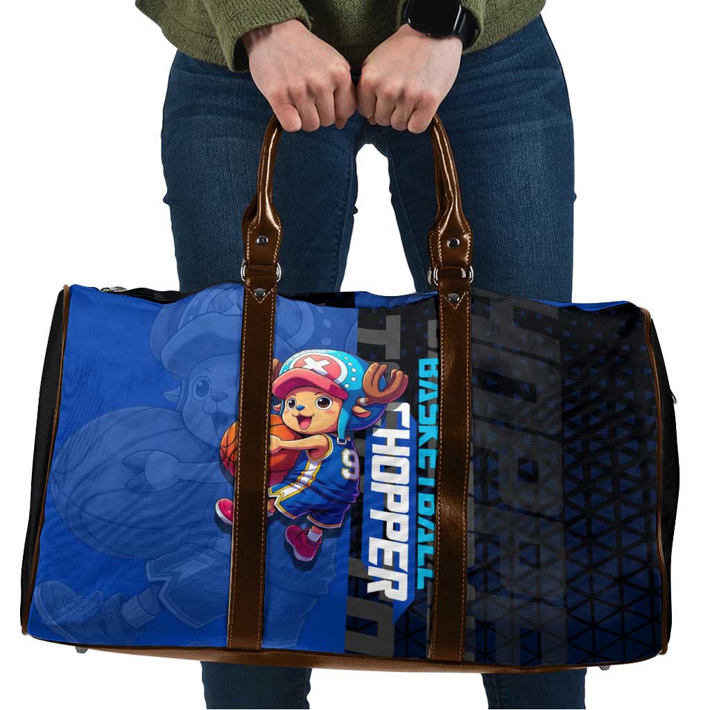 Tony Tony Chopper One Piece Basketball Theme Blue and Black Design Travel Bag with Straw Hat Crew Emblem and Playful Pose - The Mazicc