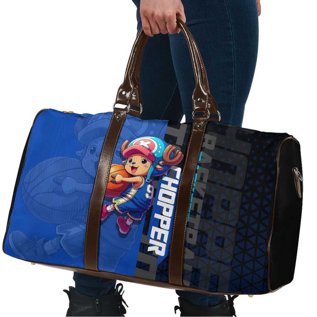 Tony Tony Chopper One Piece Basketball Theme Blue and Black Design Travel Bag with Straw Hat Crew Emblem and Playful Pose - The Mazicc