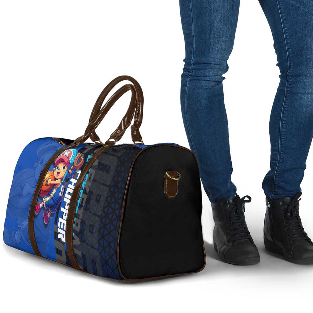 Tony Tony Chopper One Piece Basketball Theme Blue and Black Design Travel Bag with Straw Hat Crew Emblem and Playful Pose - The Mazicc