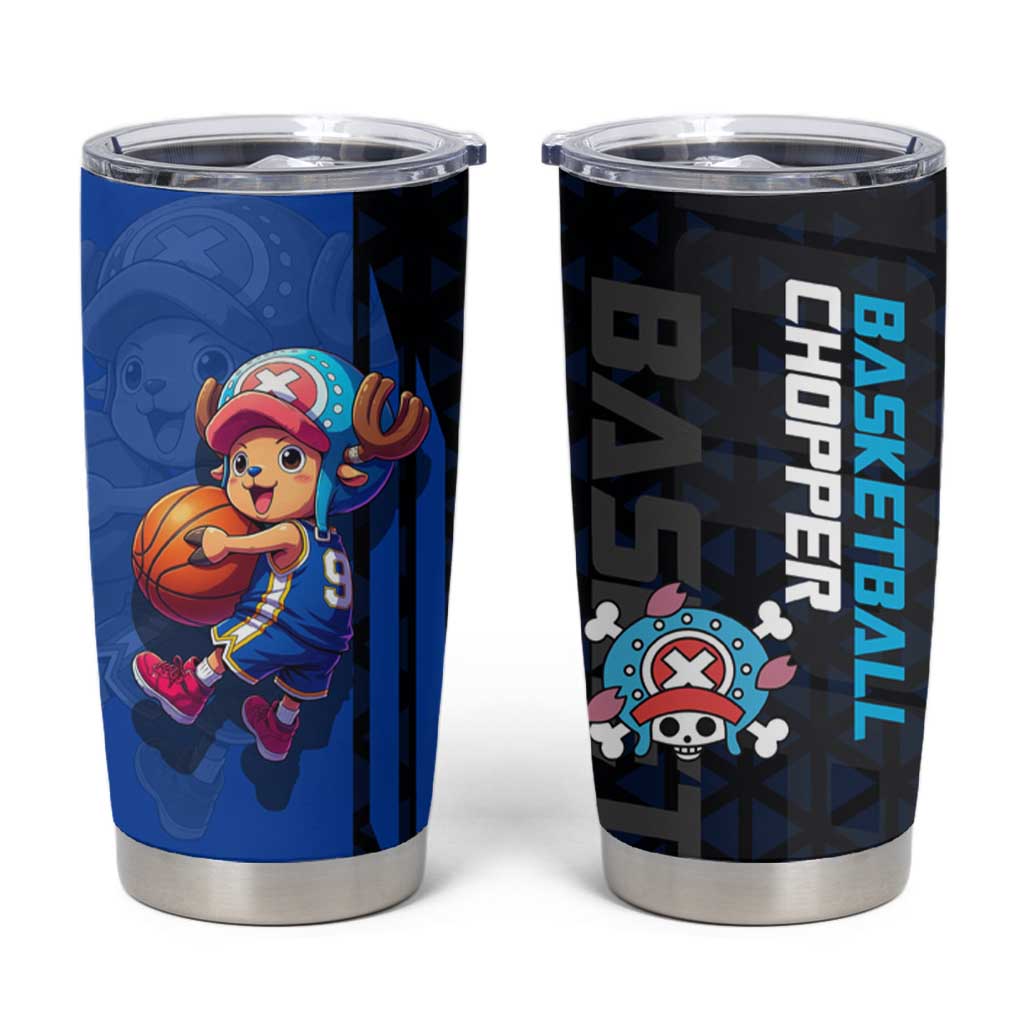 Tony Tony Chopper One Piece Basketball Theme Blue and Black Design Tumbler Cup with Straw Hat Crew Emblem and Playful Pose - The Mazicc