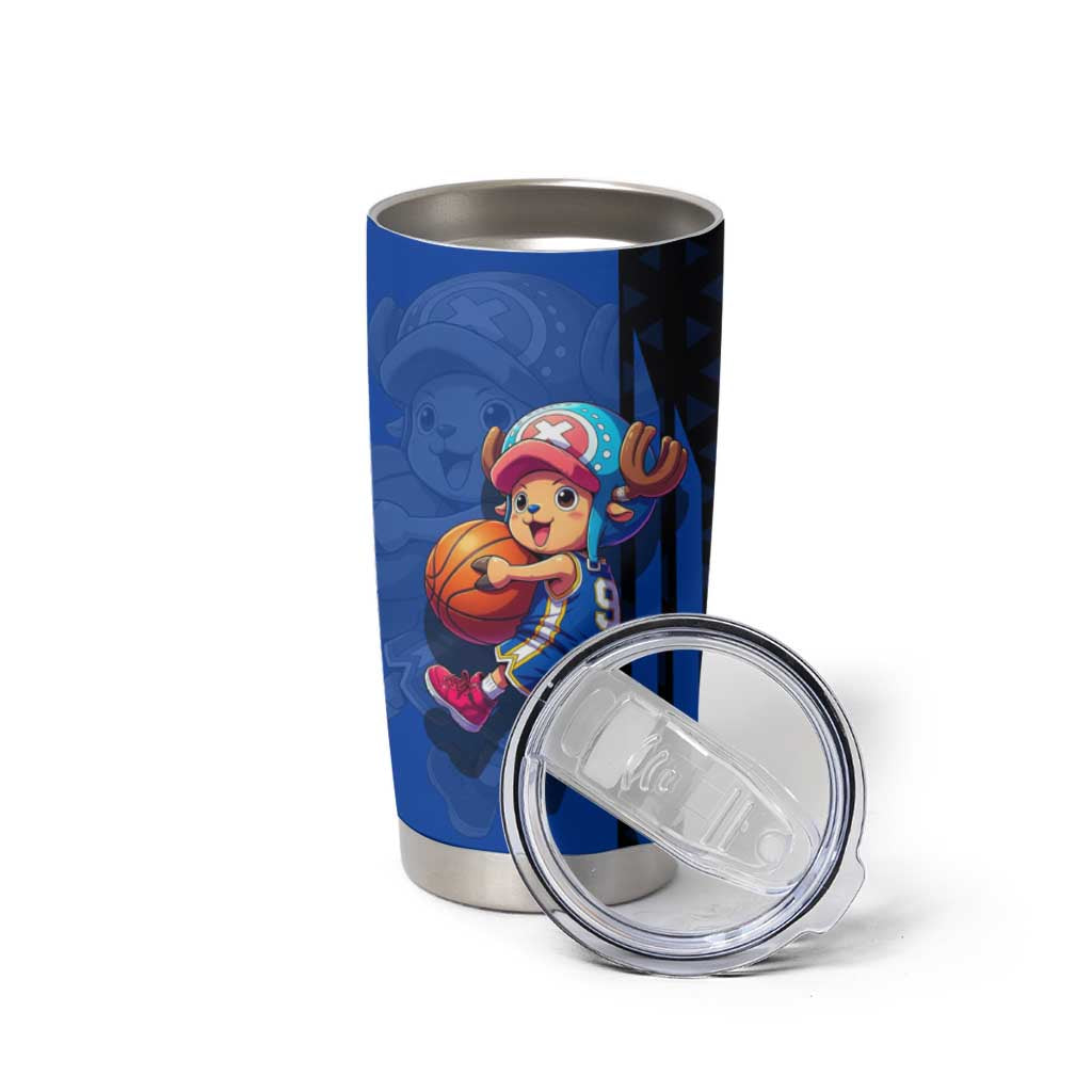 Tony Tony Chopper One Piece Basketball Theme Blue and Black Design Tumbler Cup with Straw Hat Crew Emblem and Playful Pose - The Mazicc