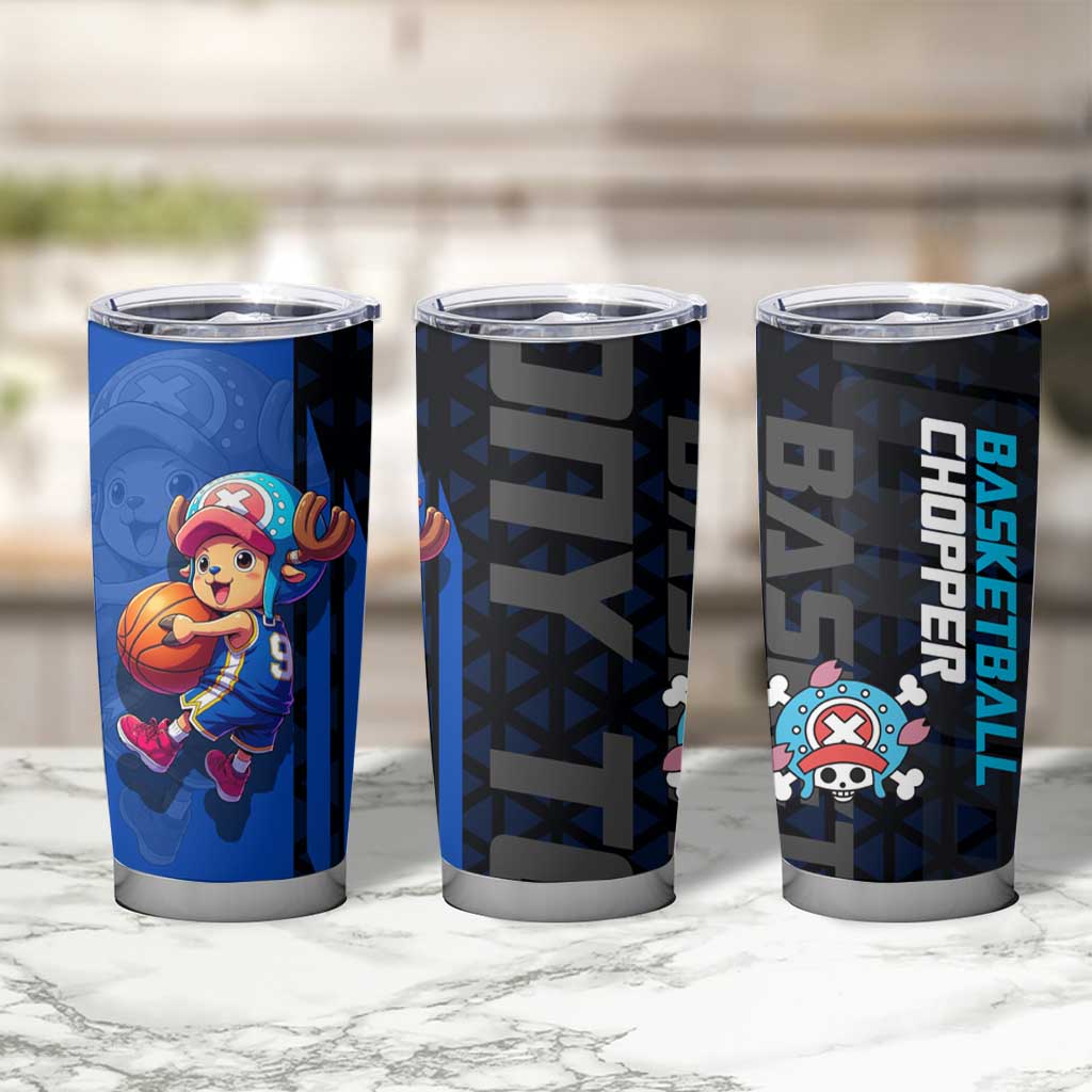 Tony Tony Chopper One Piece Basketball Theme Blue and Black Design Tumbler Cup with Straw Hat Crew Emblem and Playful Pose - The Mazicc