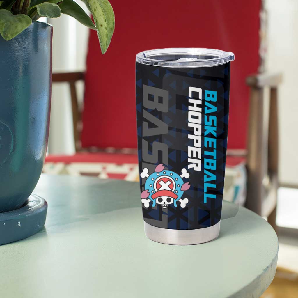Tony Tony Chopper One Piece Basketball Theme Blue and Black Design Tumbler Cup with Straw Hat Crew Emblem and Playful Pose - The Mazicc
