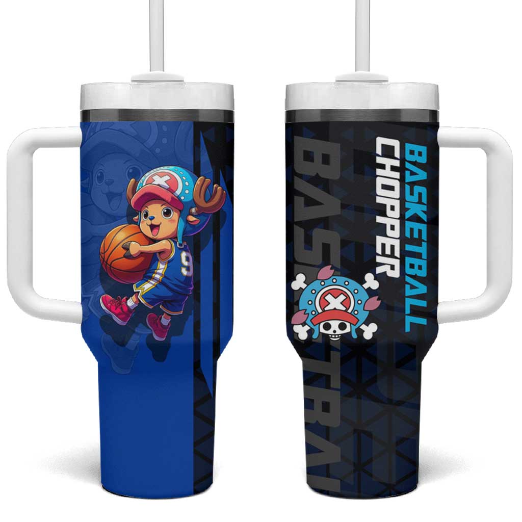 Tony Tony Chopper One Piece Basketball Theme Blue and Black Design Tumbler With Handle with Straw Hat Crew Emblem and Playful Pose - The Mazicc