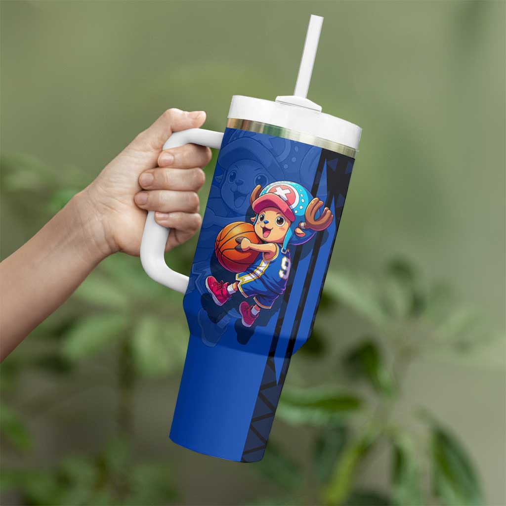 Tony Tony Chopper One Piece Basketball Theme Blue and Black Design Tumbler With Handle with Straw Hat Crew Emblem and Playful Pose - The Mazicc