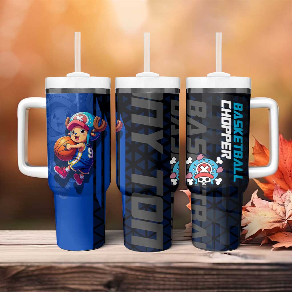 Tony Tony Chopper One Piece Basketball Theme Blue and Black Design Tumbler With Handle with Straw Hat Crew Emblem and Playful Pose - The Mazicc