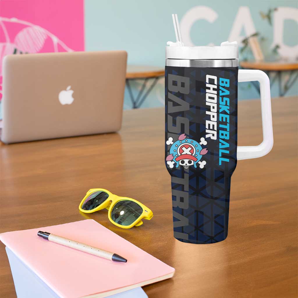 Tony Tony Chopper One Piece Basketball Theme Blue and Black Design Tumbler With Handle with Straw Hat Crew Emblem and Playful Pose - The Mazicc