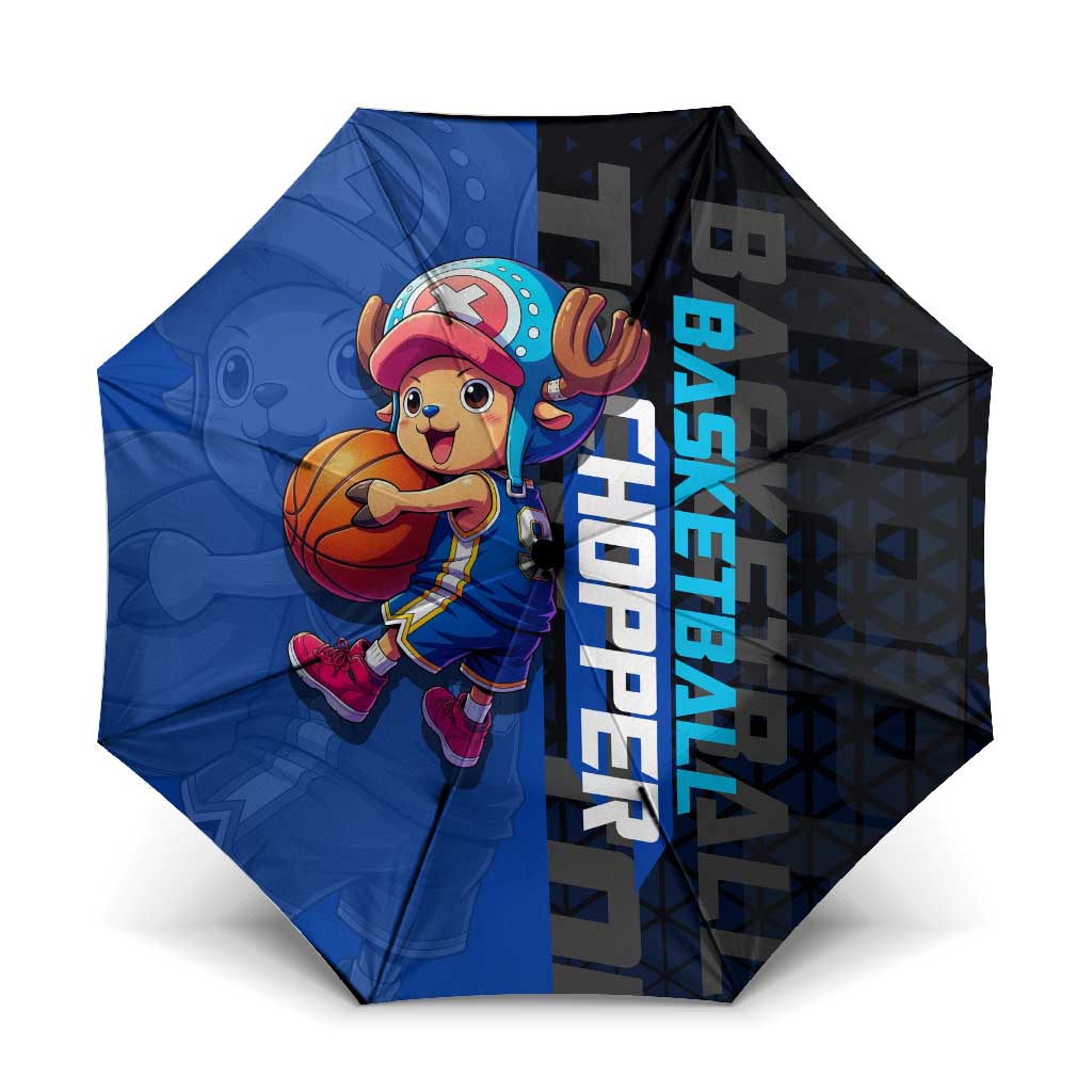 Tony Tony Chopper One Piece Basketball Theme Blue and Black Design Umbrella with Straw Hat Crew Emblem and Playful Pose - The Mazicc