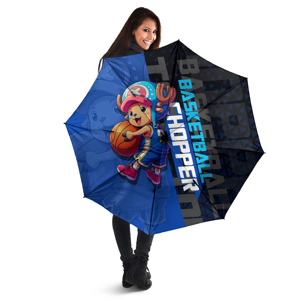 Tony Tony Chopper One Piece Basketball Theme Blue and Black Design Umbrella with Straw Hat Crew Emblem and Playful Pose - The Mazicc