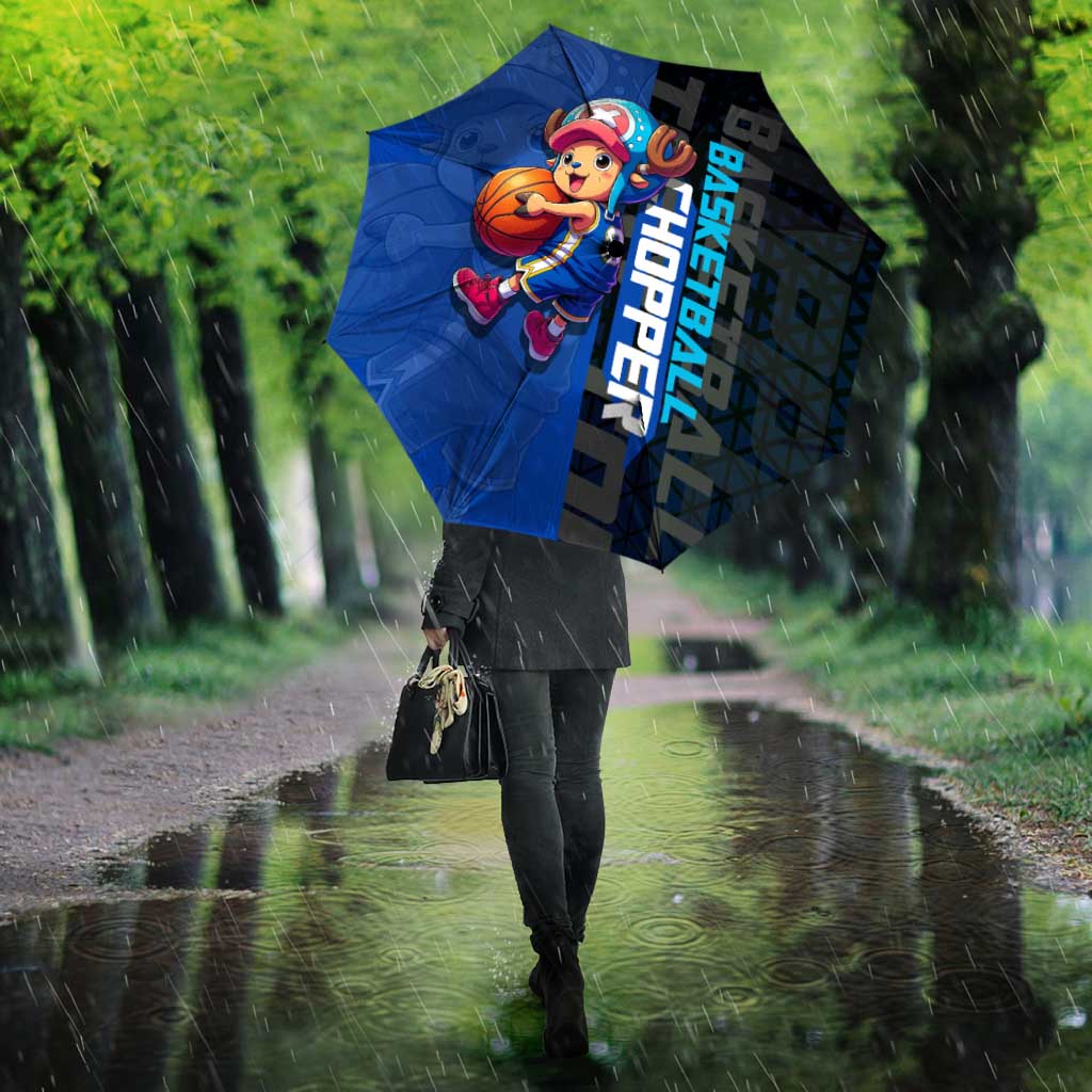 Tony Tony Chopper One Piece Basketball Theme Blue and Black Design Umbrella with Straw Hat Crew Emblem and Playful Pose - The Mazicc