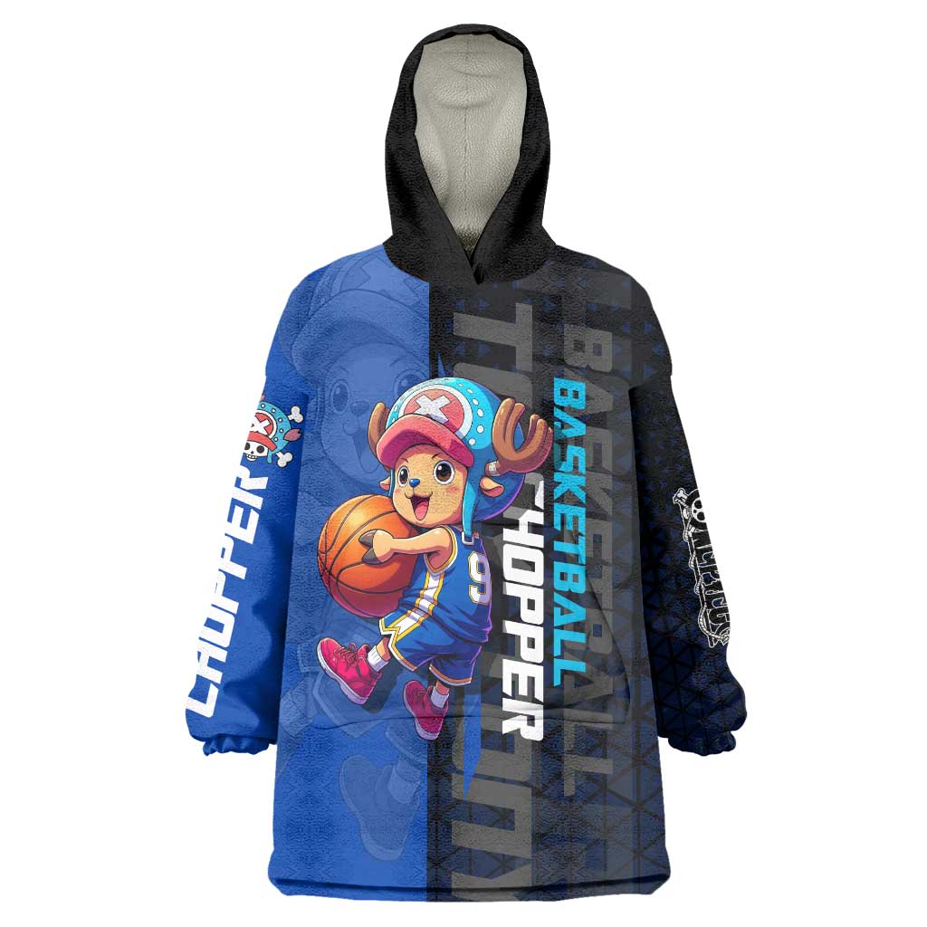 Tony Tony Chopper One Piece Basketball Theme Blue and Black Design Wearable Blanket Hoodie with Straw Hat Crew Emblem and Playful Pose - The Mazicc