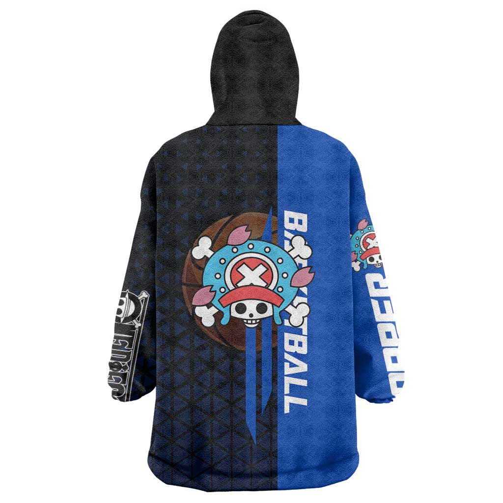 Tony Tony Chopper One Piece Basketball Theme Blue and Black Design Wearable Blanket Hoodie with Straw Hat Crew Emblem and Playful Pose - The Mazicc