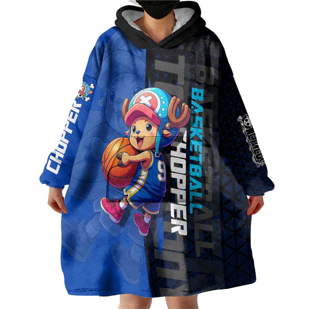 Tony Tony Chopper One Piece Basketball Theme Blue and Black Design Wearable Blanket Hoodie with Straw Hat Crew Emblem and Playful Pose - The Mazicc