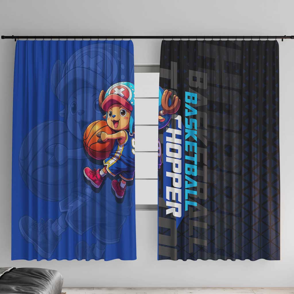 Tony Tony Chopper One Piece Basketball Theme Blue and Black Design Window Curtain with Straw Hat Crew Emblem and Playful Pose - The Mazicc